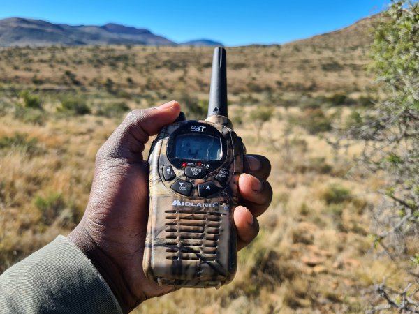 Black hands holding a bush radio.