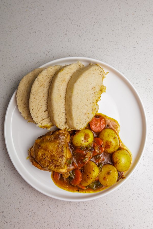 Traditional chicken stew with dumpling flatlay