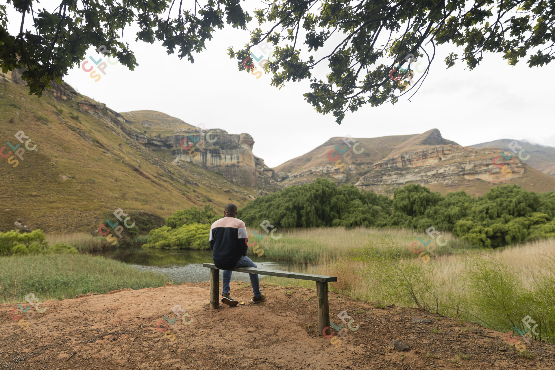 Black man sitting watching the mountains