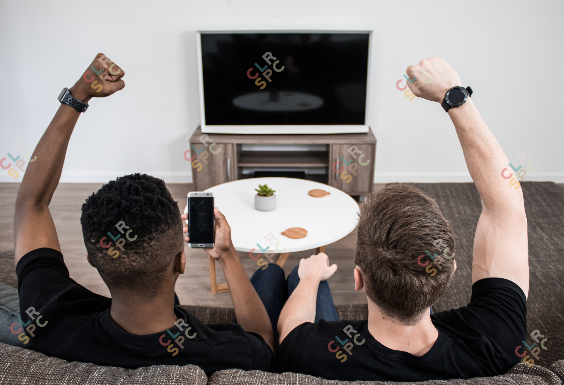 Two men cheering from the couch