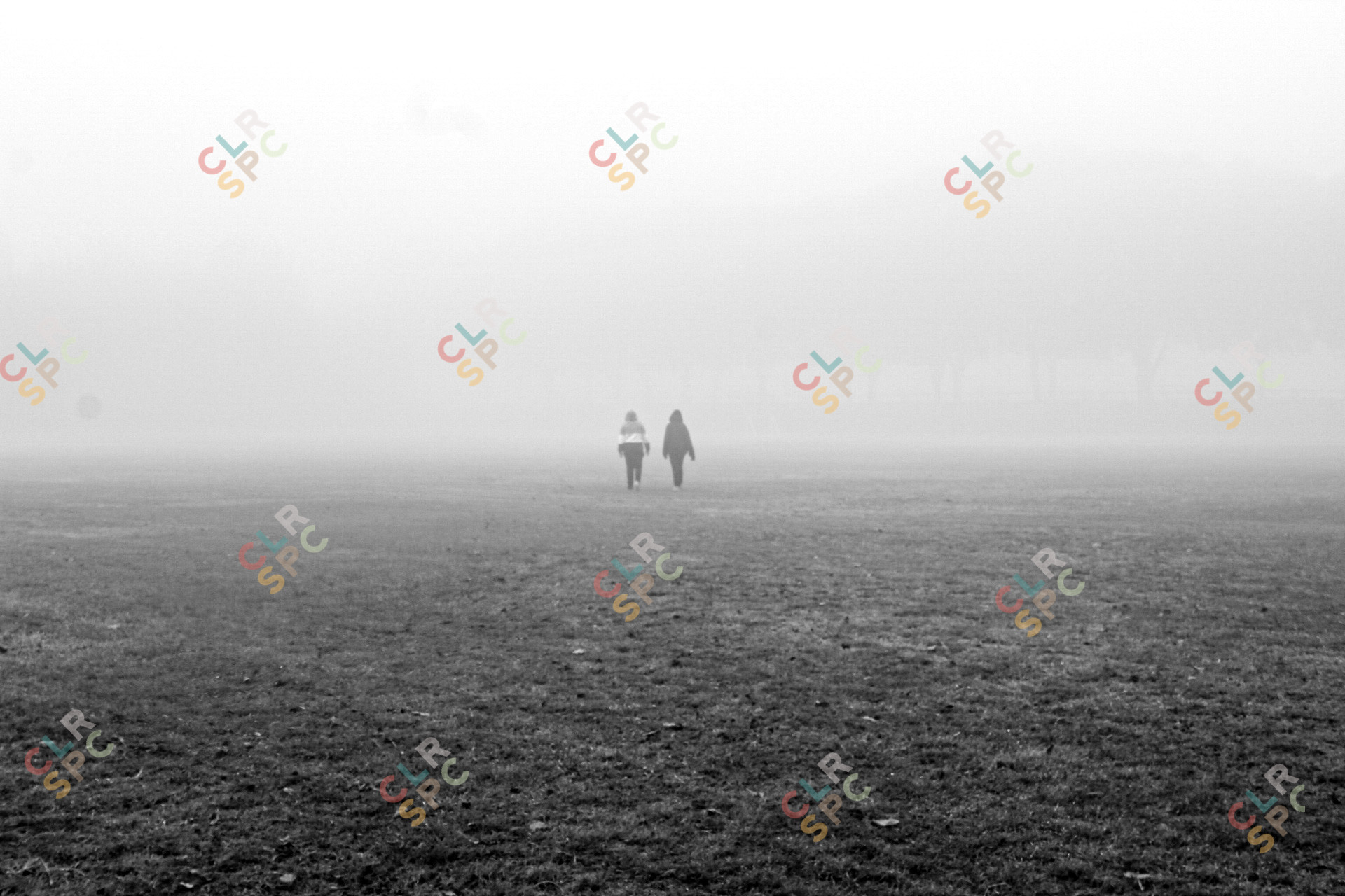 Couple walking in the mist