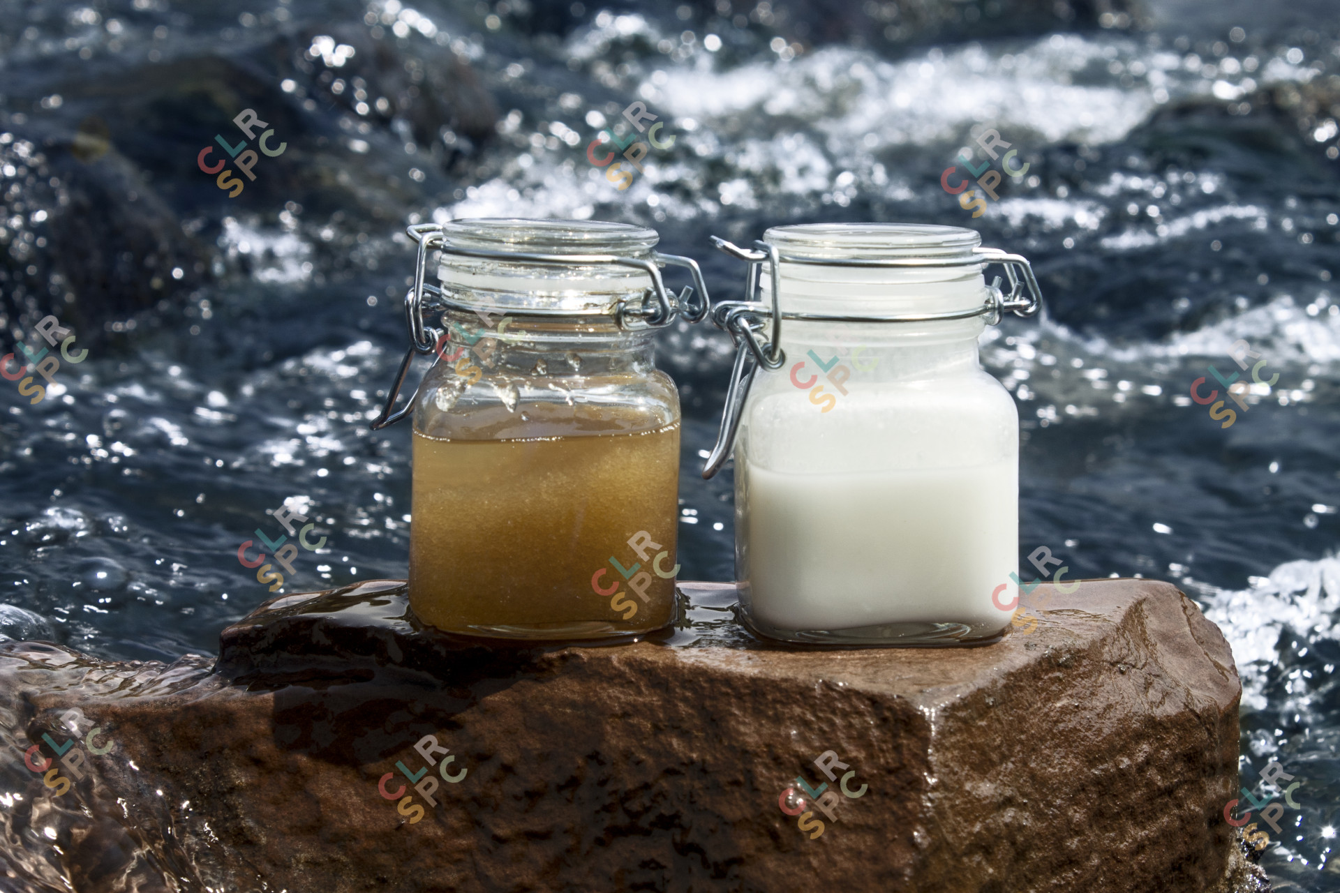 Two products on wet rock by the river