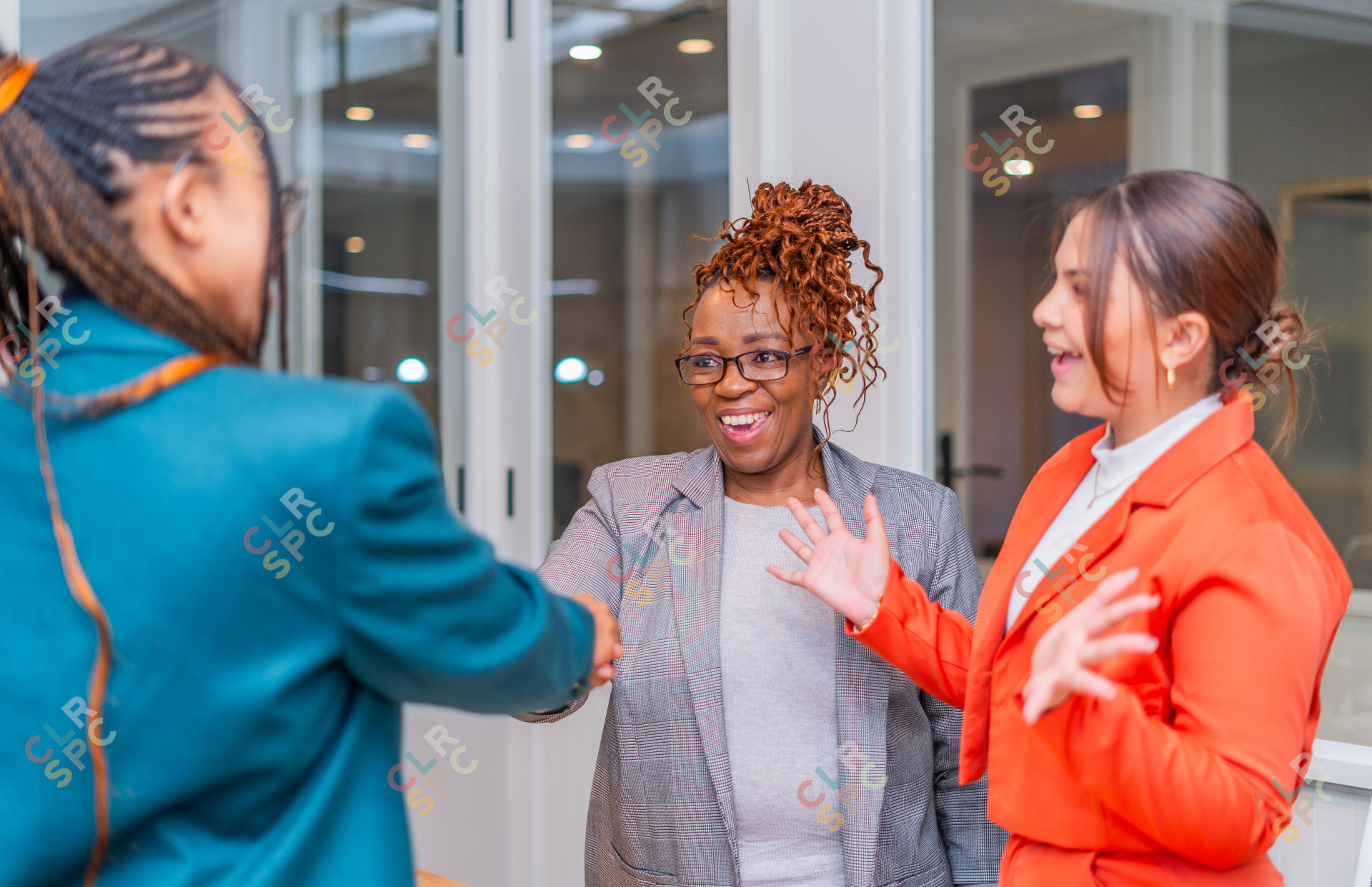 Excited mature black woman shaking hands with a new employee after employment contract.